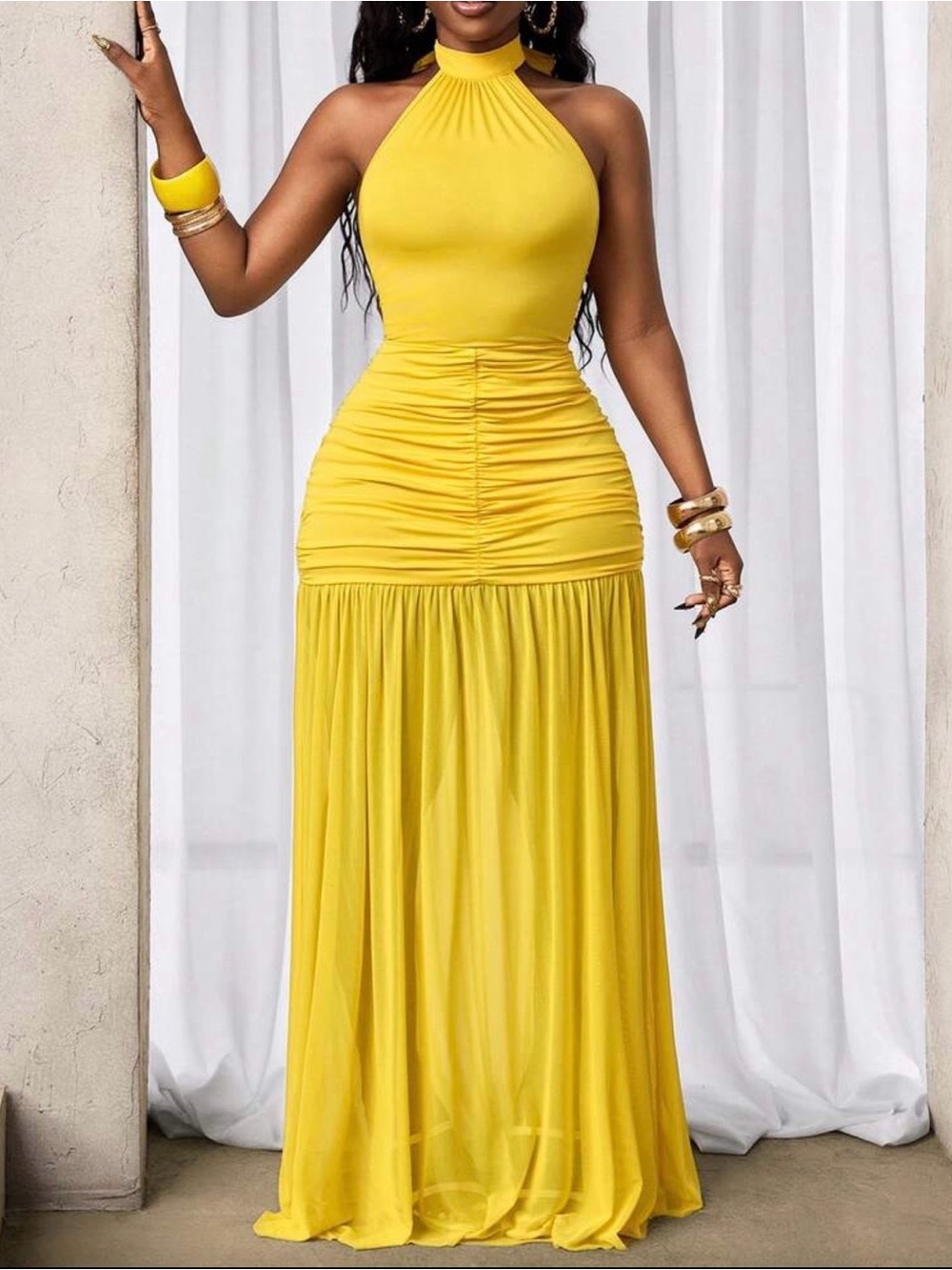 SHEIN Yellow Halter Ruched Maxi Dress